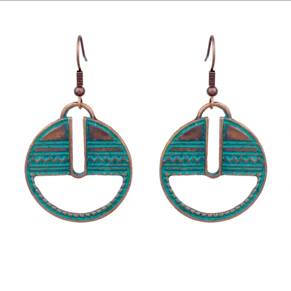 New Womans Turquoise Patina Round Metal Tribal Style Bronze Dangle Hook Earrings